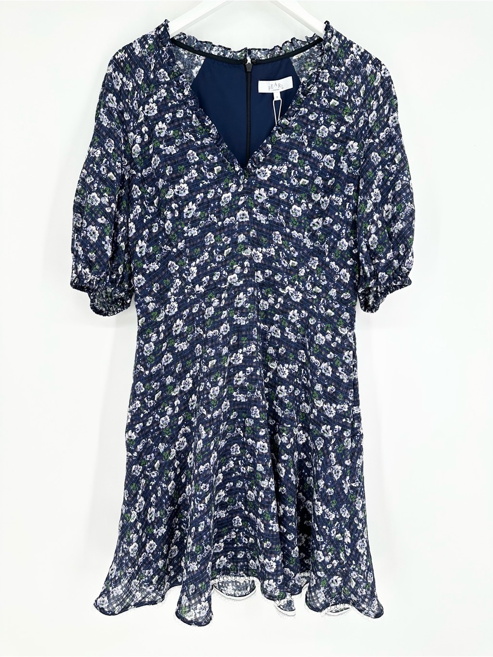 Pearl By Lela Rose Plaid Floral Crepe V-Neck Dress in Blue